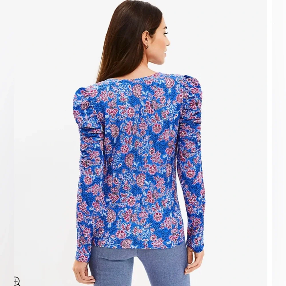 LOFT NWT Garden Shirred Puff‎ Sleeve Top - Cerulian Star
